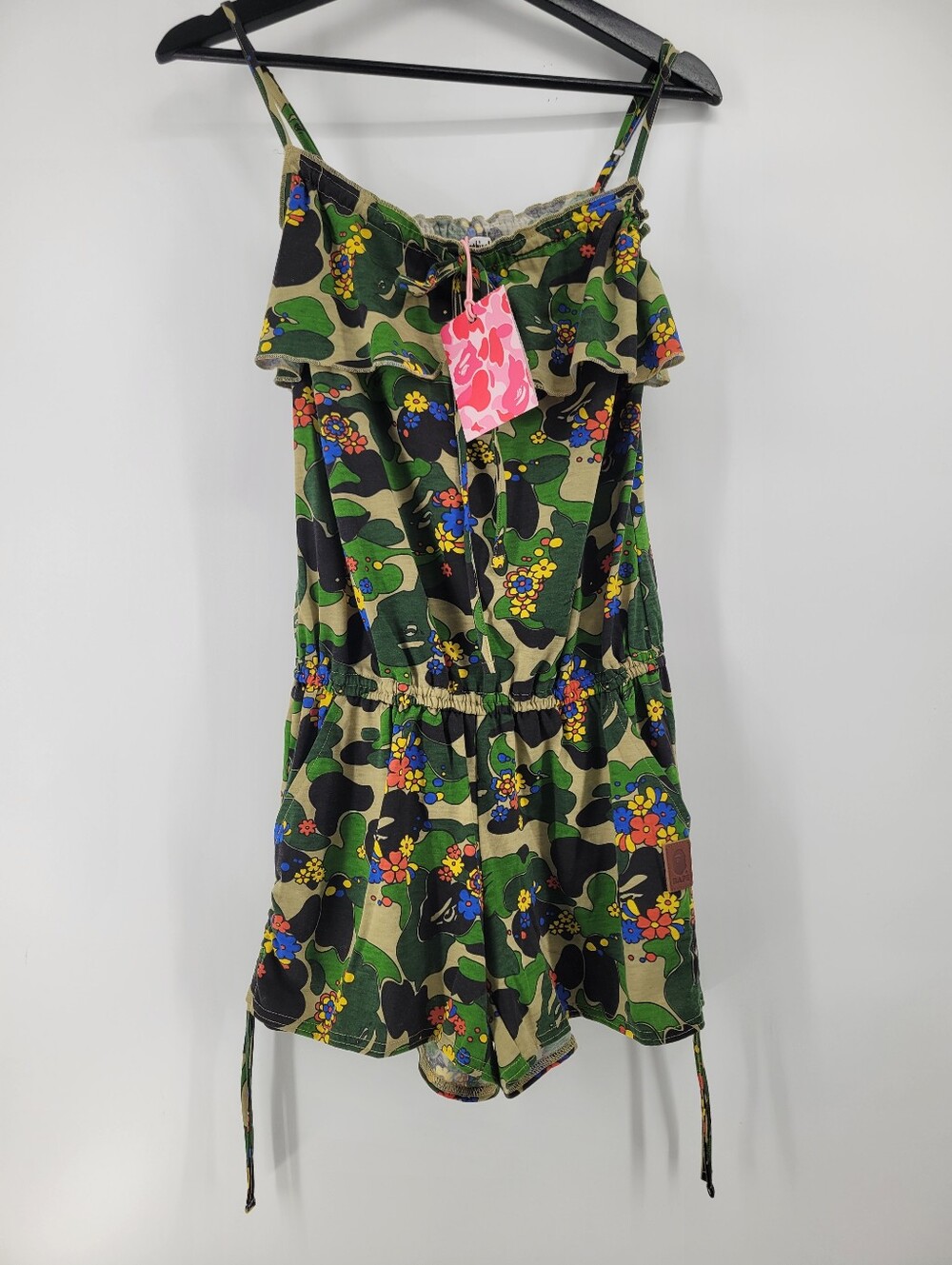 Bape Green Camouflage Floral One-Piece Romper with Blue & Yellow Accents